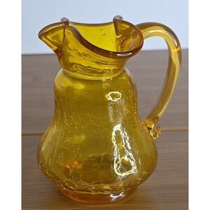 Kanawha Crackled Amber Glass Pitcher Hand Blown UV Reactive Double Spout Vtg MCM
